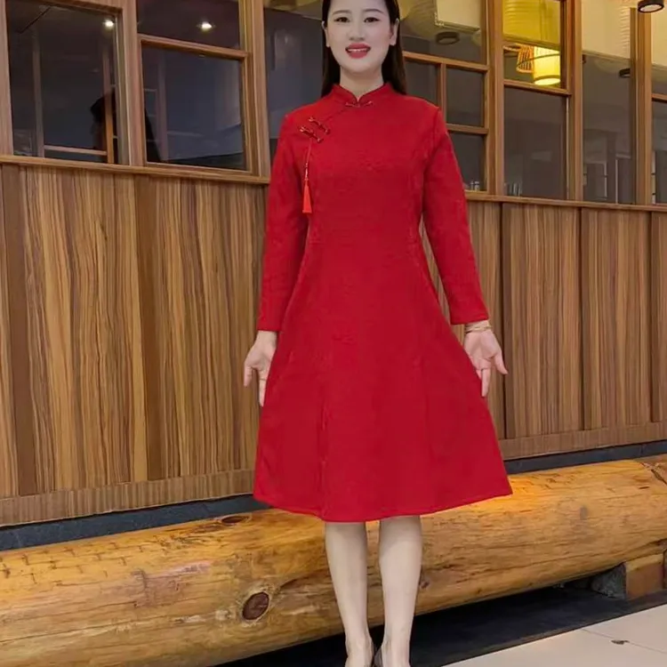 女装新款加绒改良裙子妈妈中式婆婆气质显瘦婚宴旗袍洋气连衣裙