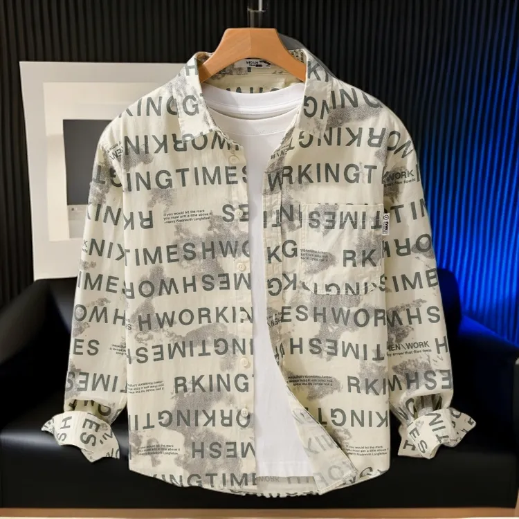 高端扎染字母印花衬衫2025秋季新款纯棉男士痞帅休闲潮牌宽松上衣