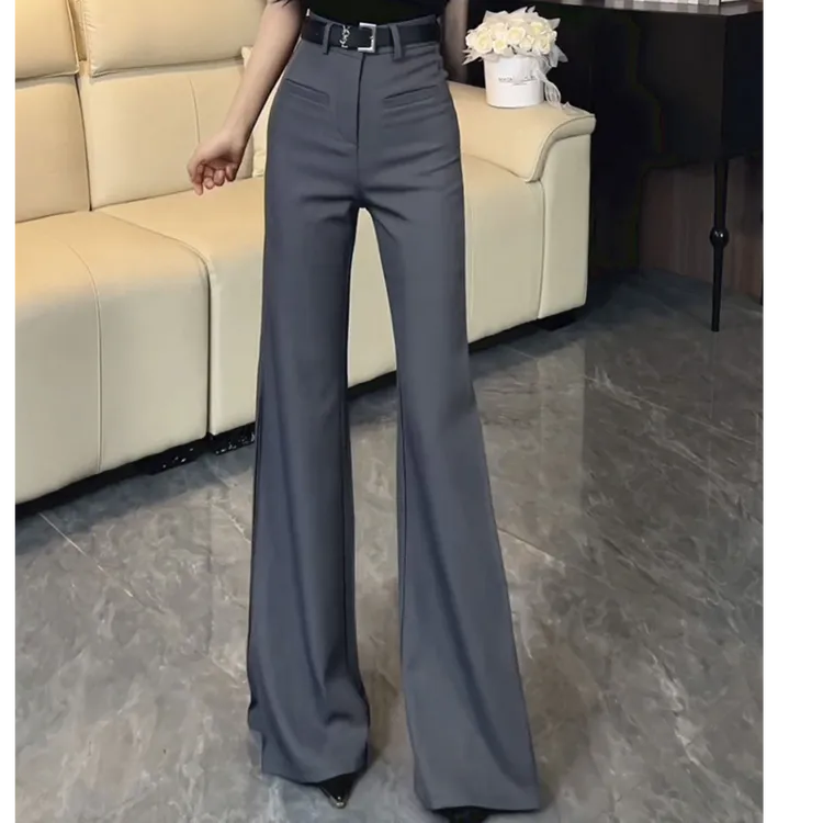 灰色高腰微喇西装休闲裤女秋季新款大码胖mm显瘦知性风垂感喇叭裤