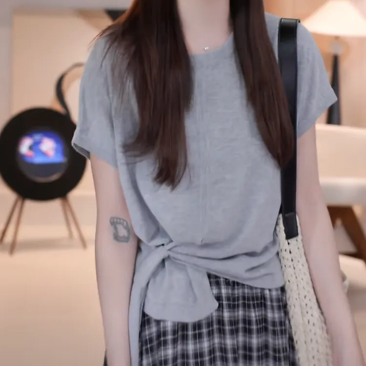 设计感下摆绑带短袖针织衫2025夏季新款轻薄舒适圆领纯色圆领上衣