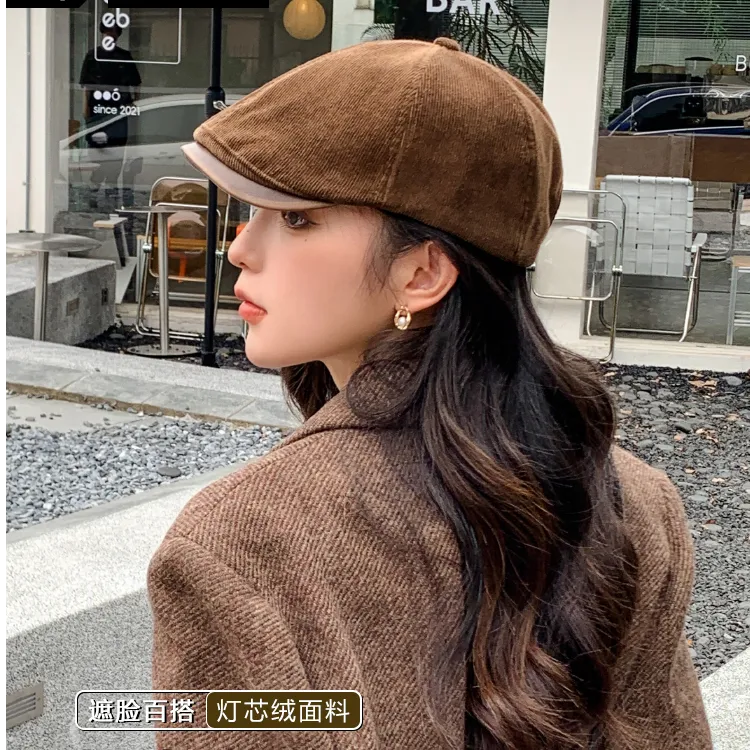 新款反戴前进帽女秋冬灯芯绒复古画家帽子大头围鸭嘴帽冬季显脸小