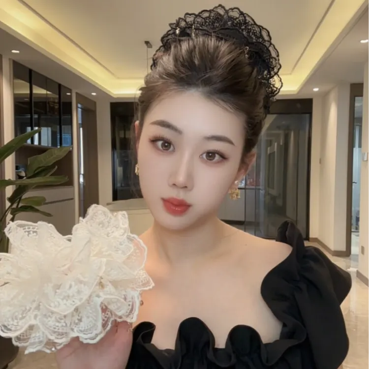 2025新款甜美超仙蕾丝花边水晶吊坠发圈大号高马尾头饰百搭发饰