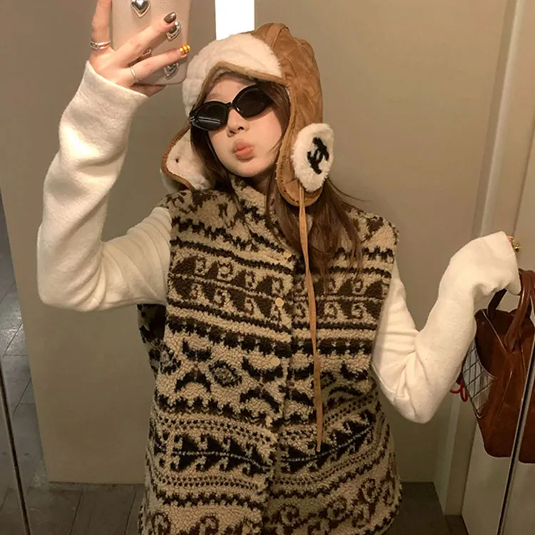 费尔岛提花毛毛马甲女2025新款立领韩系环保麂皮绒皮毛一体马甲
