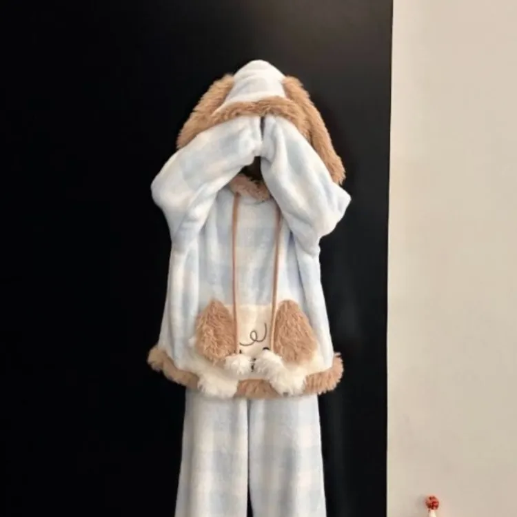 爆款可爱小狗睡衣女冬季新款连帽加绒加厚两件套珊瑚绒保暖家居服