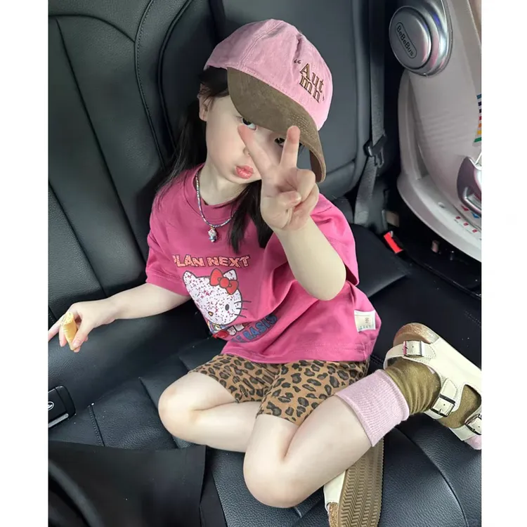 女童夏套装2025新款洋气儿童可爱印花粉色棉短袖上衣豹纹打底