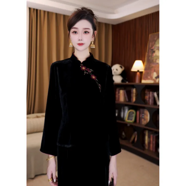 【梅溪月】满分桑蚕丝丝绒上衣女秋修身新中式国风小衫MCGSY1656