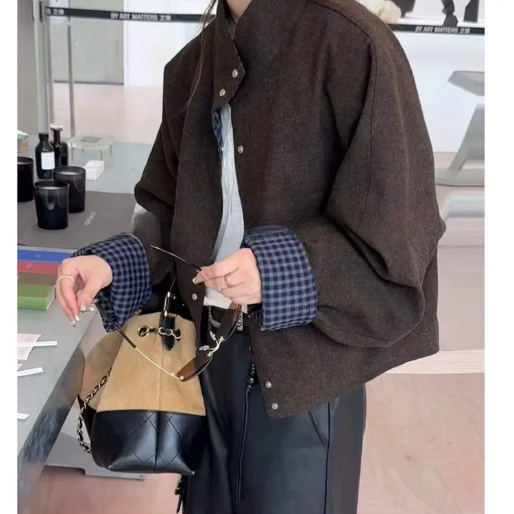 雅鹿格子拼接立领毛呢料短款外套女2025秋季潮流宽松显瘦百搭上衣