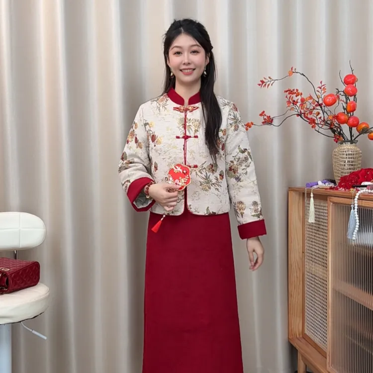 【芳华】秋冬新中式国风套装新娘结婚喜妈妈显瘦小个子遮肚旗袍外套