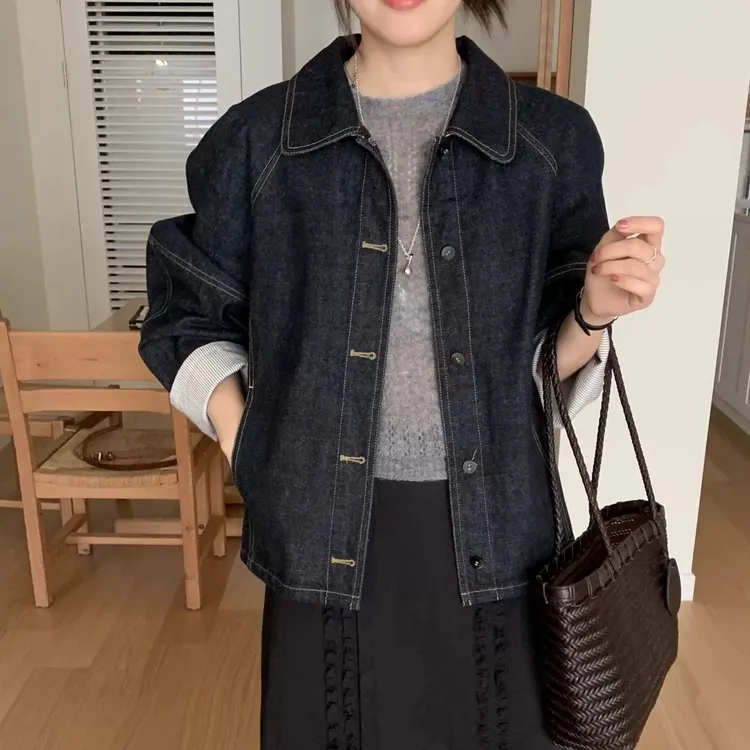 「不会掉色的 牛仔外套」内里全包边 撞色袖口春秋韩版复古百搭S045