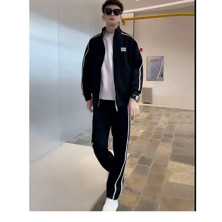 男士高级感显瘦拼接立领外套直筒休闲长裤两件套秋季新款休闲套装