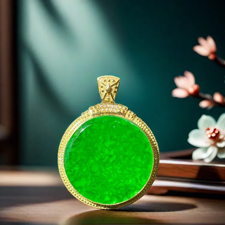 18K天然缅甸A货翡翠复古圆盘吊坠