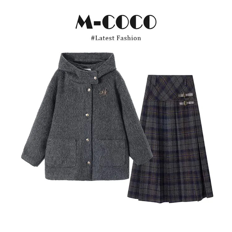 MARIE.COCO冬季日系学院风减龄灰色毛呢外套半身裙小个子两件套装