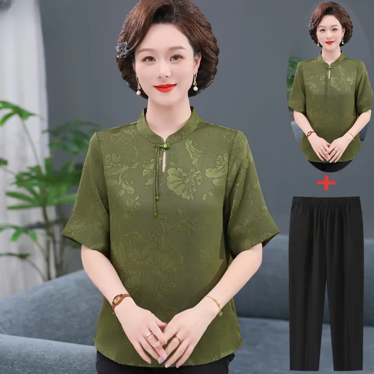 妈妈夏装新中式桑蚕丝短袖t恤母亲节中老年女套装旗袍领真丝上衣