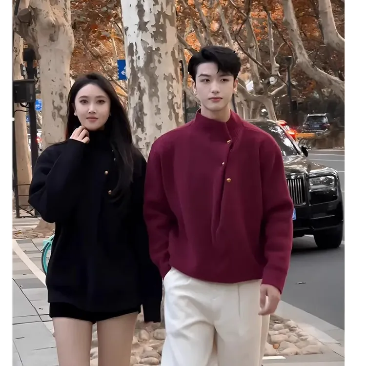 红色重磅半高领毛衣男款秋冬慵懒高级感针织衫本命年情侣装厚外套