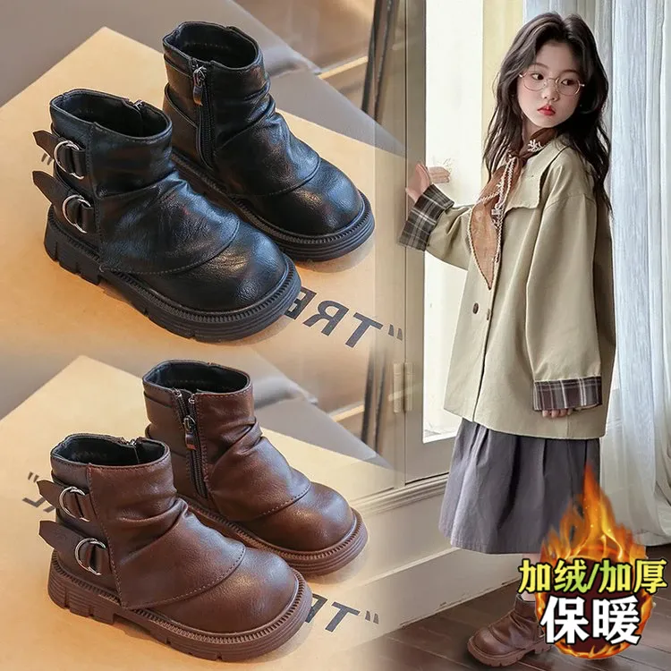 女童加绒马丁靴2025冬季新款儿童靴中大童学生英伦风短靴女孩童靴