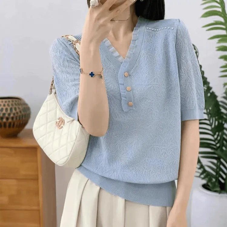 2025夏季新款提花短袖镂空领T恤女薄款针织衫薄款上衣时尚百搭