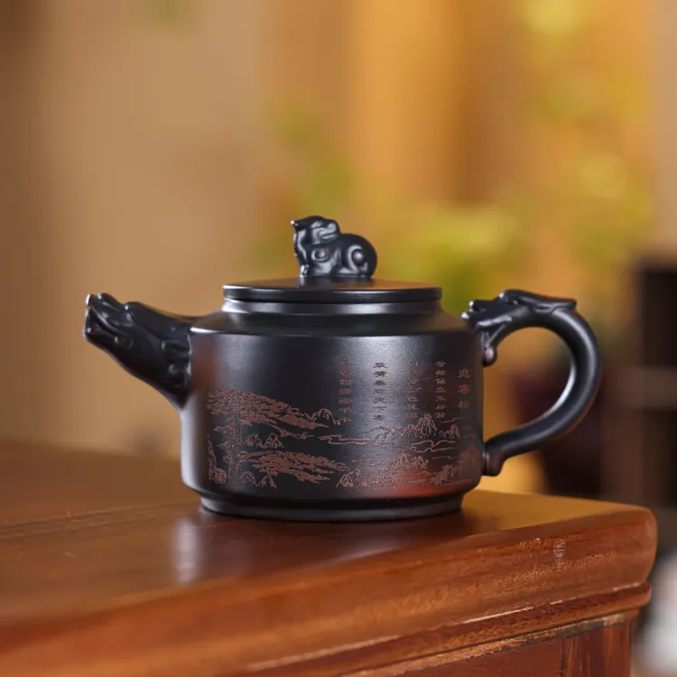 紫陶纯手工大容量原矿茶壶迎客松龙壶泡茶壶功夫茶具家用单壶黑金