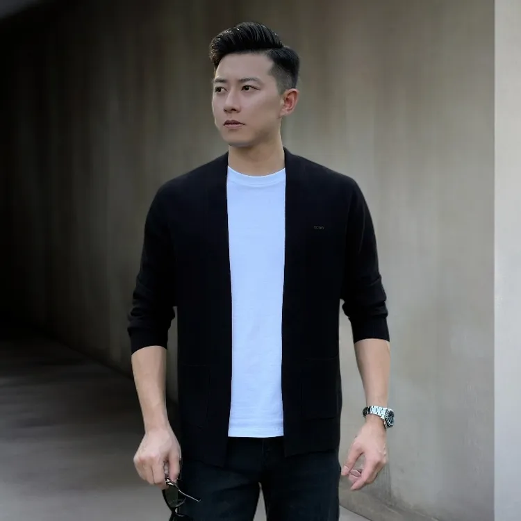 小杰/L-Jie 男士秋季休闲简约弹力针织V领开衫（0002）