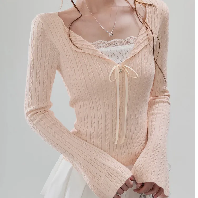 温柔甜美系蕾丝系带v领修身显瘦长袖甜辣风针织打底显瘦内搭上衣