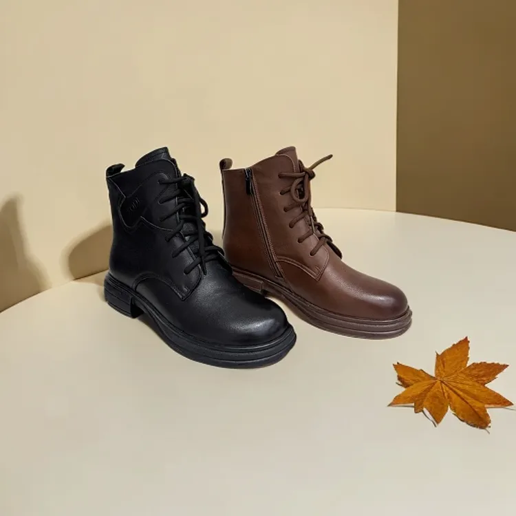 66025真皮内里加绒厚底百搭时尚舒适马丁靴休闲圆头系带侧拉链