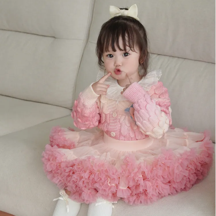 春秋女童韩版多彩开衫tutu裙洋气多色可爱渐变开衫套装立体开衫