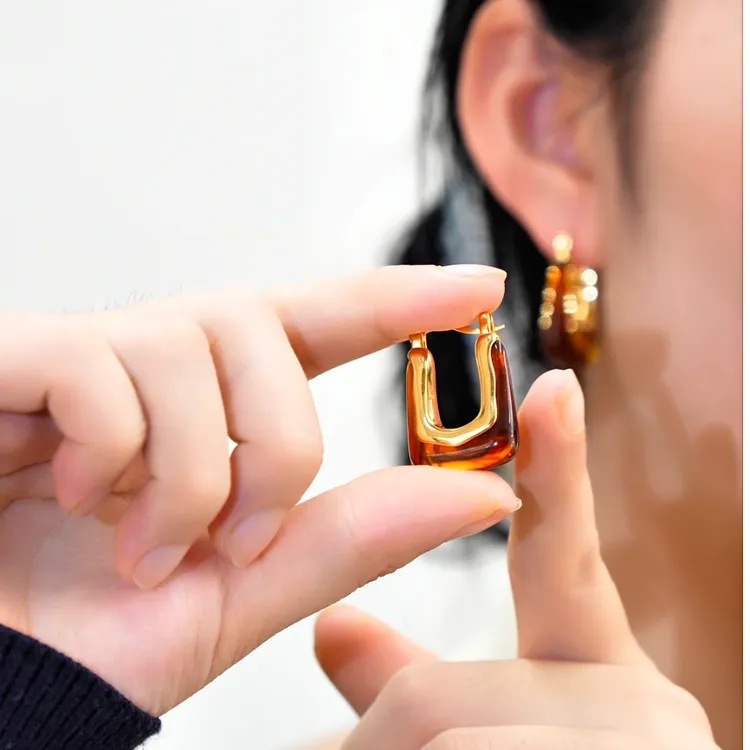 铜合金树脂耳饰 法式复古不规则树脂金属耳环女气质小众方形耳扣