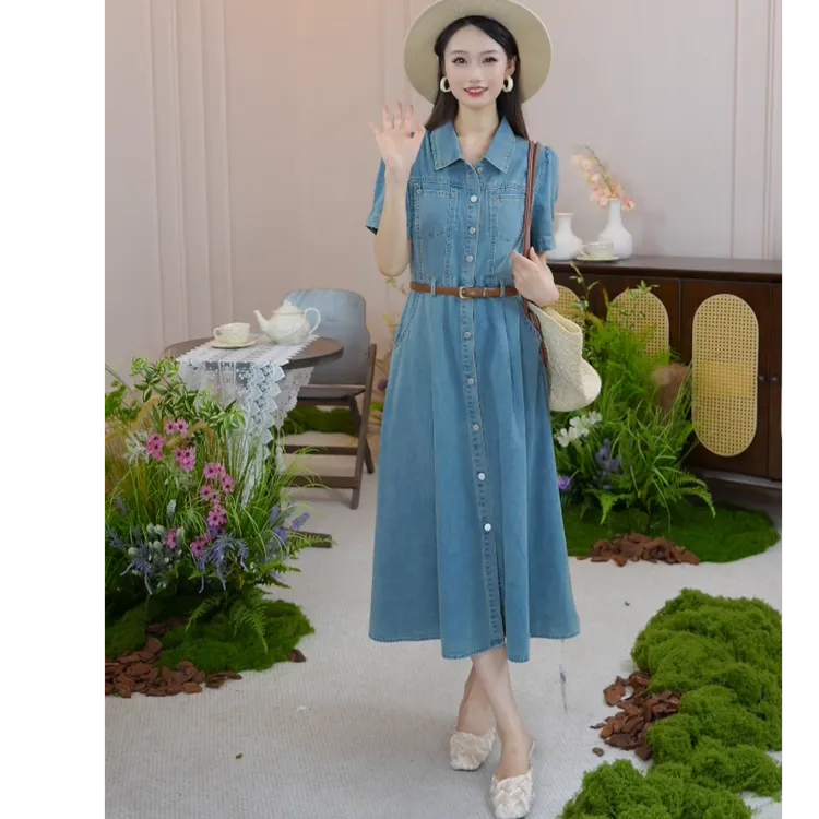 朵以2025夏季新款复古休闲时尚翻领收腰短袖牛仔连衣裙40VX848239