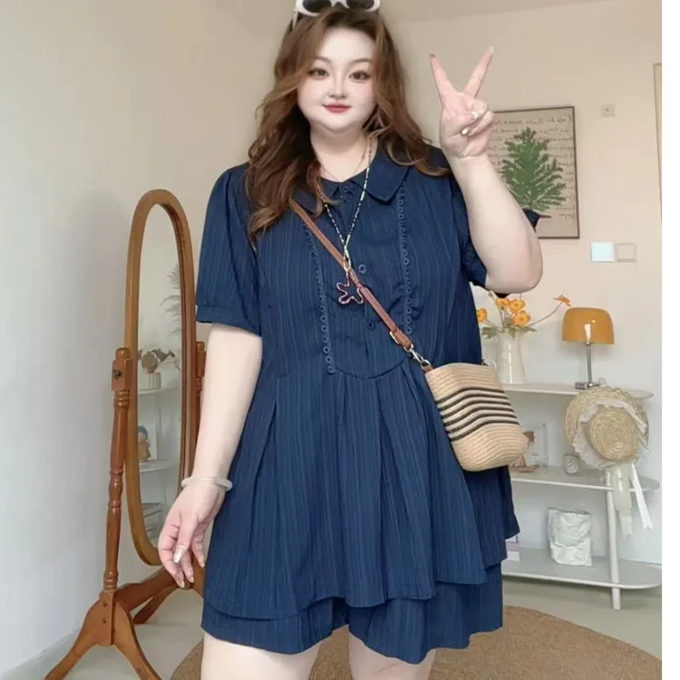 学院风泡泡袖衬衫连衣裙胖MM夏季法式气质收腰甜美短裤套装