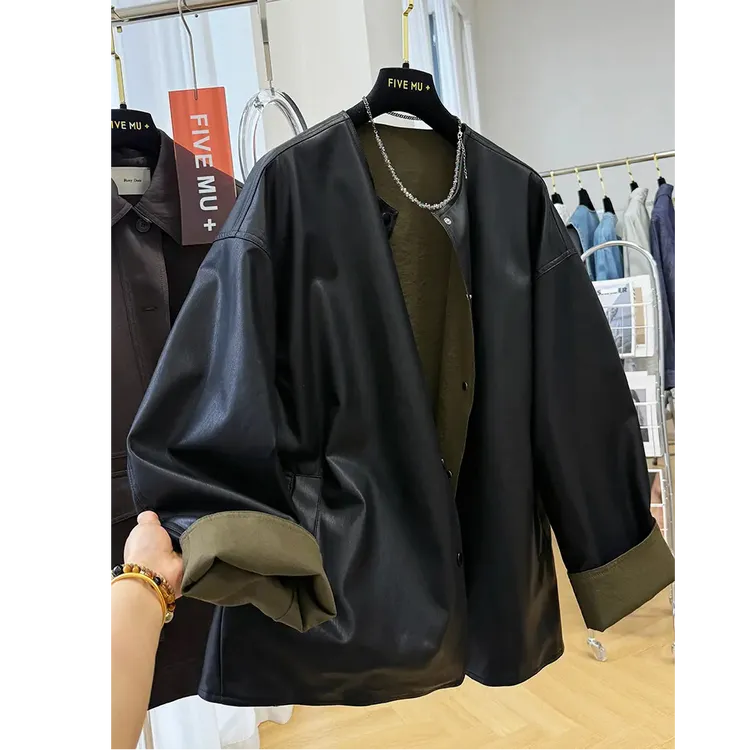 特大码300斤慵懒风宽松两面穿皮衣外套男女秋冬美式休闲pu皮夹克 