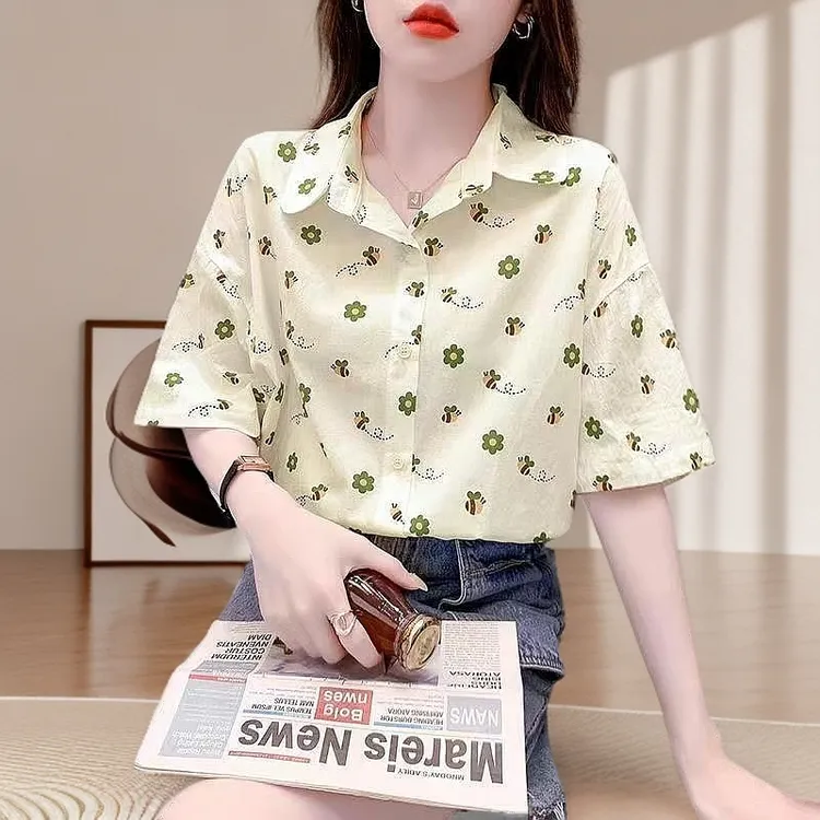 印花新款港味宽松复古衬衣新款旅游小众别致独特漂亮洋气衣服女