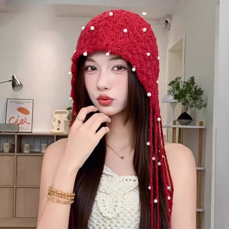 珍珠流苏吊坠显脸小帽子编织包头帽春秋镂空钩花针织毛线帽女潮