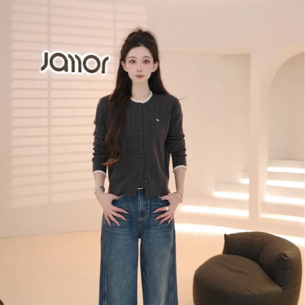 Jamor新款休闲时尚长花边袖针织开衫DDE659218