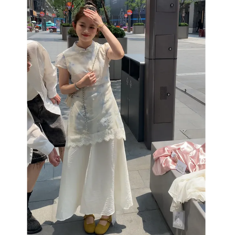 2025夏季新款时尚气质新中式国风蕾丝高级感印花拼接假两件连衣裙