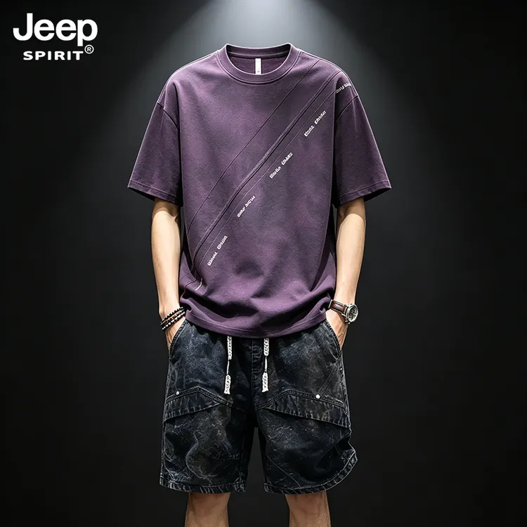 JEEPSPIRIT吉普休闲套装美式复古宽松扎染两件套夏季新款男士短袖