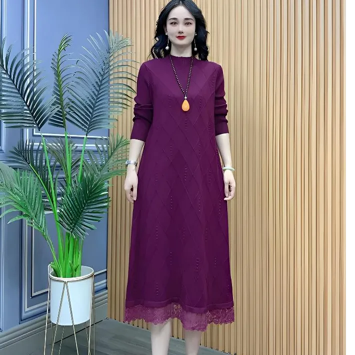 休闲宽松版洋气时尚大码蕾丝拼接显瘦长款打底针织毛衣裙*琴雅396