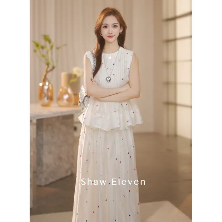 彩色爱心【Shaw Eleven】2025年夏女装绣花莱赛尔风琴褶半裙套88961