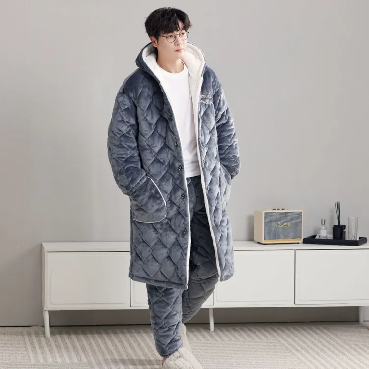 超厚夹棉睡衣男士秋冬季珊瑚绒三层加绒加厚睡袍加大码家居服套装
