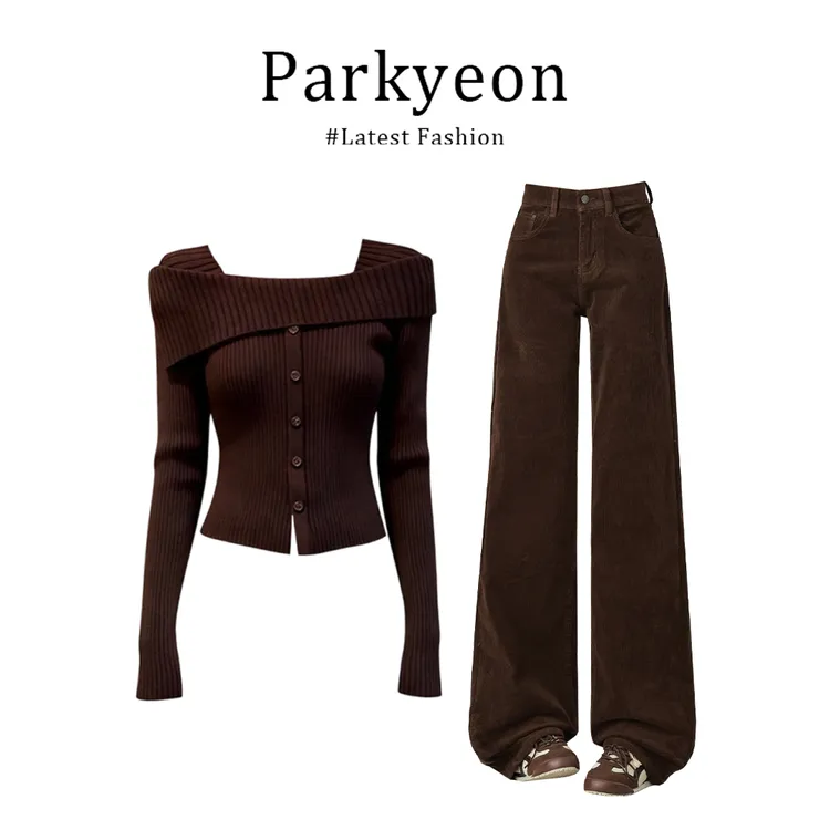 温斯顿艺术生~美拉德毛衣上衣咖色牛仔裤套装