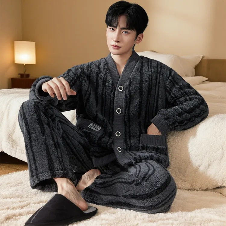 男士秋冬季珊瑚绒睡衣男款法兰绒加绒加厚家居服2025新款冬天套装