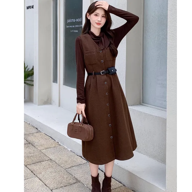 轻熟风西装套装女2025秋季新款气质系带领结T恤V领+背心裙两件套