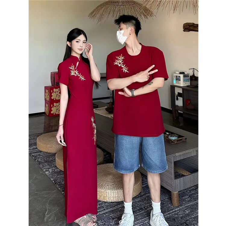 新中式情侣装夏季小众设计感短袖t恤女旗袍连衣裙法式一裙一衣潮