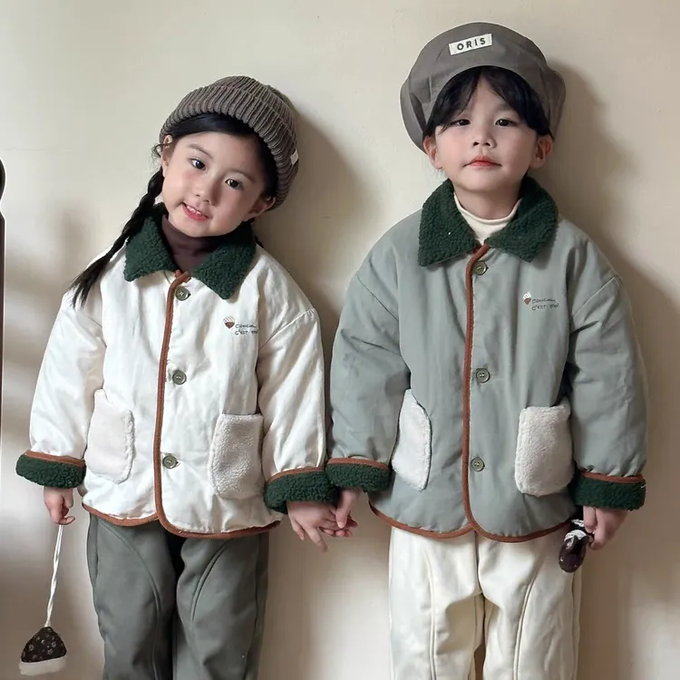 春季儿童小薄袄加绒棉服水洗棉男女童棉袄百搭韩版翻领宽松外套