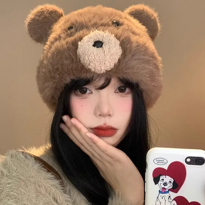 可爱卡通立体小熊毛绒帽子女秋冬季百搭冷帽显脸小护耳针织毛线帽