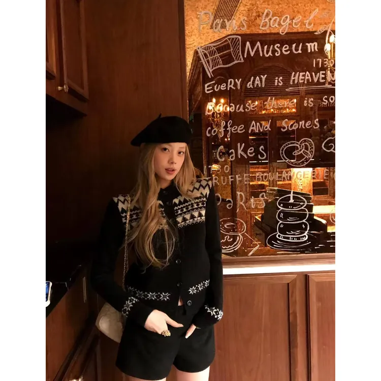 费尔岛雪夜 黑色修身毛衣外套C 9969#