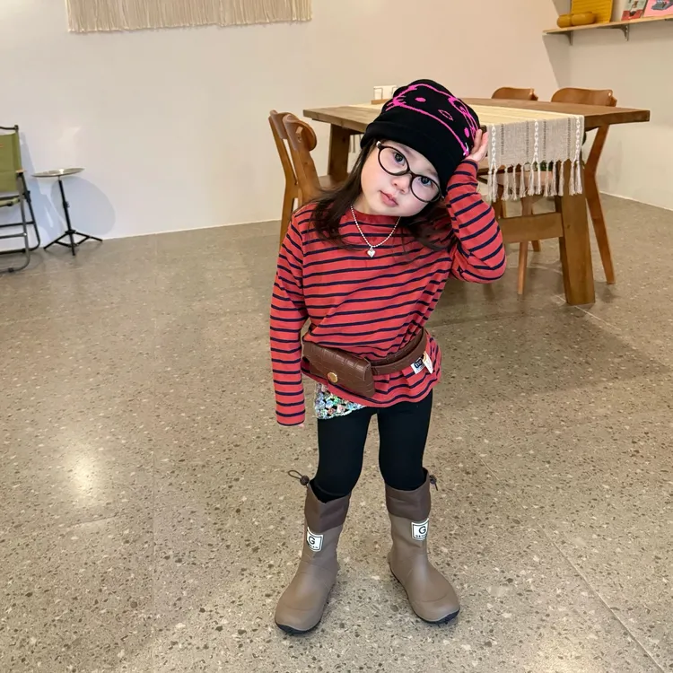 壹妈韩国童装儿童新款套装秋季新款洋气女宝红色条纹上衣打底裤