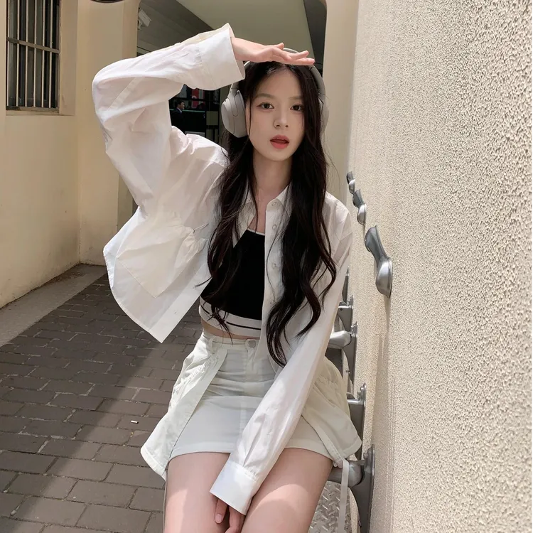 设计感白色长袖polo领衬衫上衣秋季2025新款高腰半身裙子两件套装