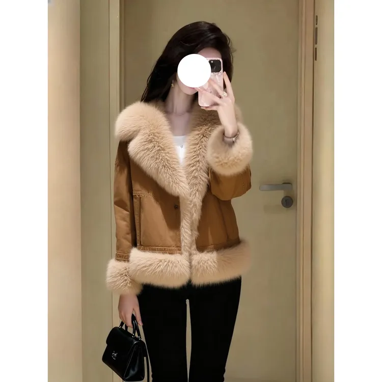 复古时尚时髦毛茸茸保暖长袖上衣冬季新款高端名媛气质卡其色外套