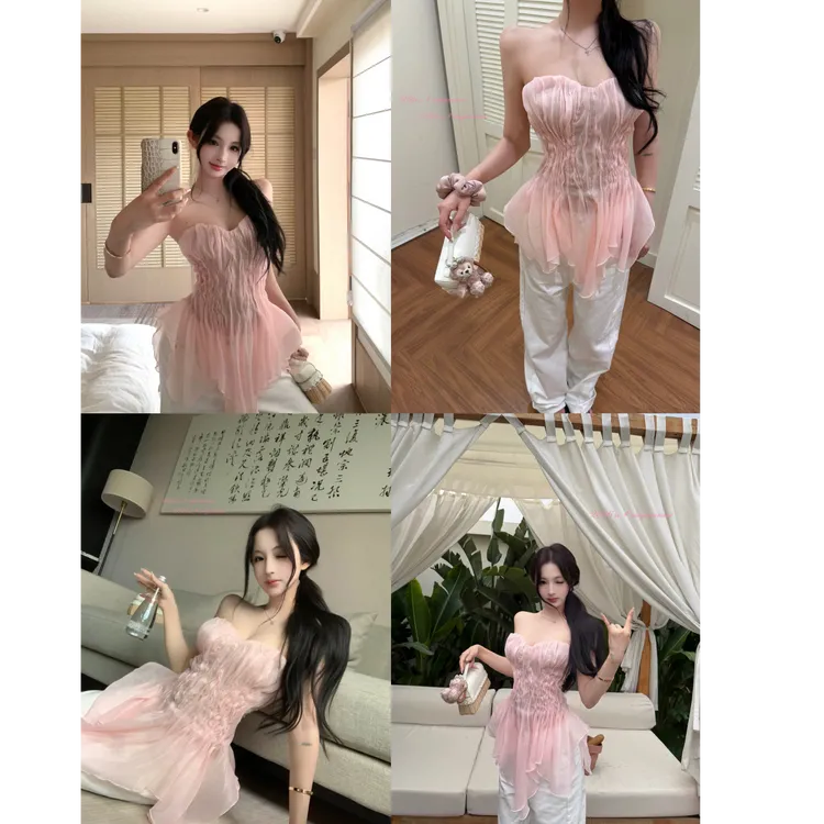 人鱼琉璃'手工抽褶蕾丝不规则荷叶边抹胸女纯欲显瘦露肩上衣