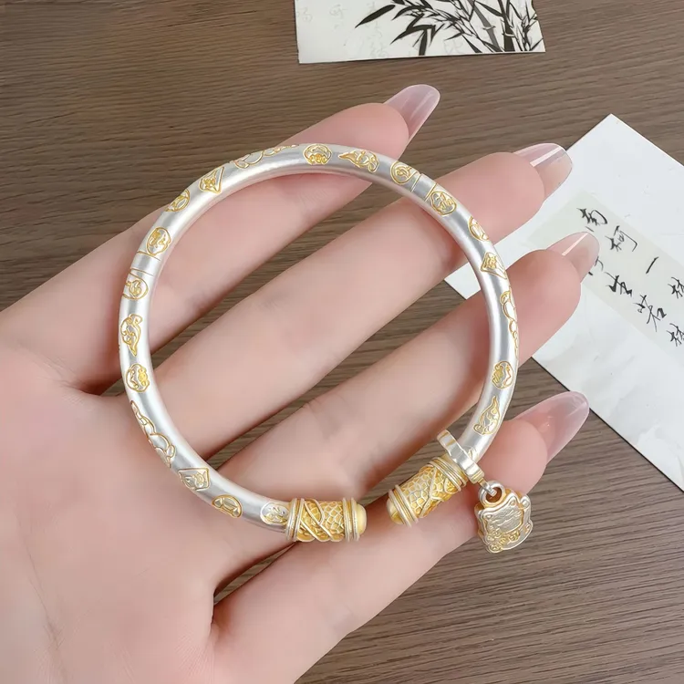 老凰祥足银999招财猫吉言描金手镯女新中式实心银手环送女友礼物