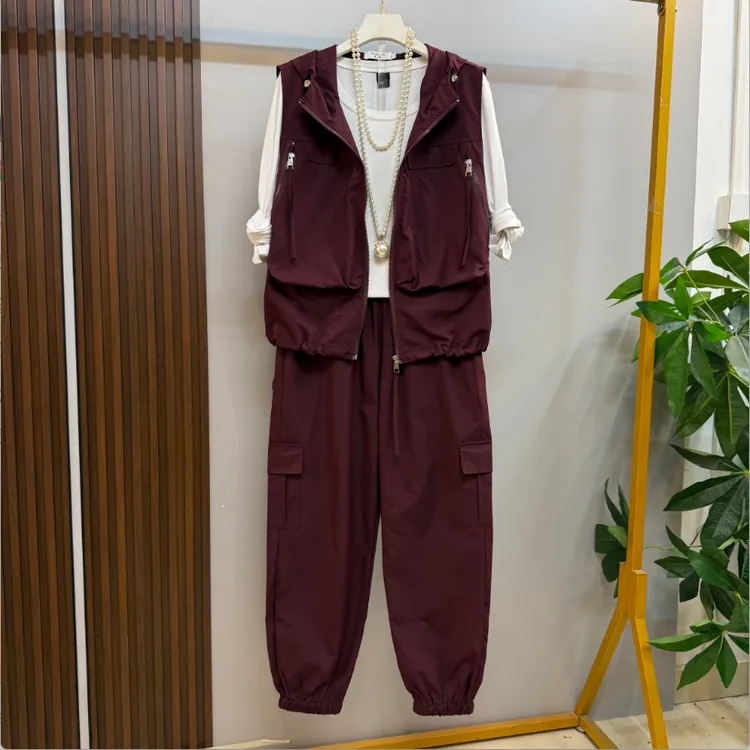 早秋新款大码女装时尚休闲纯色工装显瘦连帽马甲十裤子套装